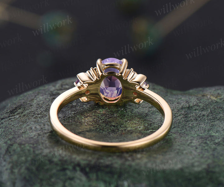 Oval lavender amethyst engagement ring retro moon amethyst moissanite deco ring 14k yellow gold unique crescent promise ring gifts for her
