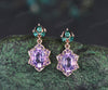 Unique oval lavender amethyst earrings floral halo amethyst art deco marquise emeralds drop earrings solid 14k rose gold piercing earrings gifts for her