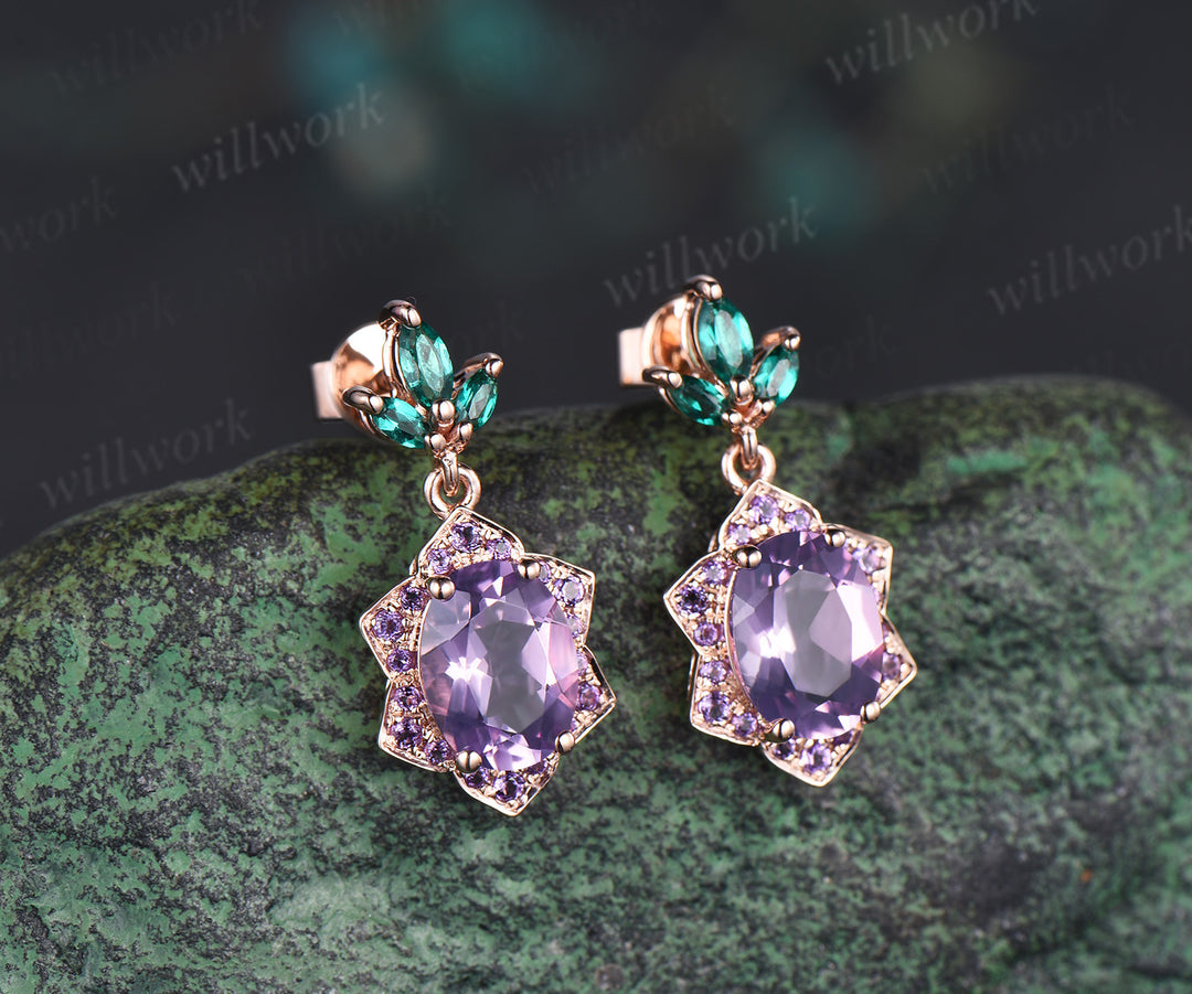 Unique oval lavender amethyst earrings floral halo amethyst art deco marquise emeralds drop earrings solid 14k rose gold piercing earrings gifts for her