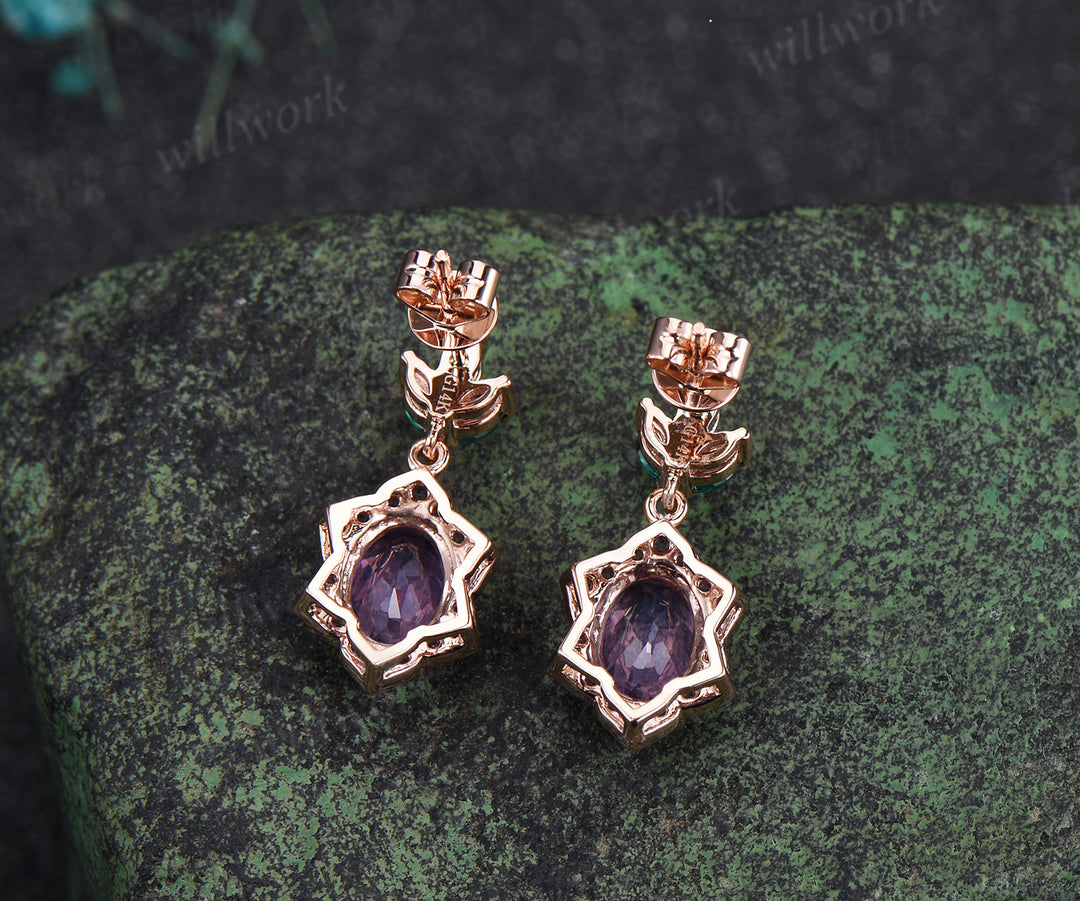 Unique oval lavender amethyst earrings floral halo amethyst art deco marquise emeralds drop earrings solid 14k rose gold piercing earrings gifts for her