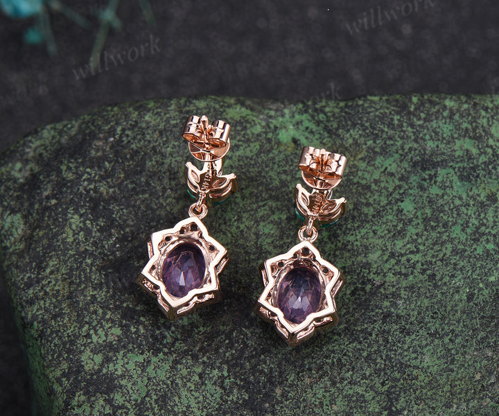 Unique oval lavender amethyst earrings floral halo amethyst art deco marquise emeralds drop earrings solid 14k rose gold piercing earrings gifts for her