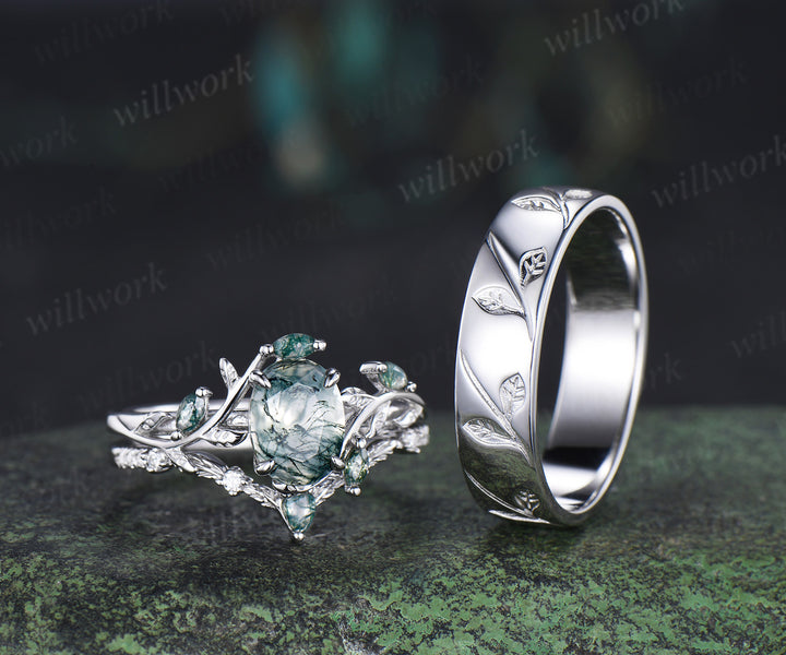 Oval Cut Natural Moss Agate Leaf Floral Ring Set & 5.5mm Leaf Engraved Full Eternity Men Ring Elegant Couple Ring Set
