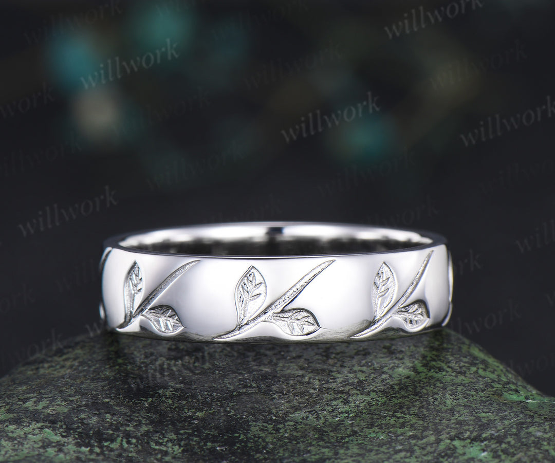 Oval Cut Natural Moss Agate Leaf Floral Ring Set & 5.5mm Leaf Engraved Full Eternity Men Ring Elegant Couple Ring Set