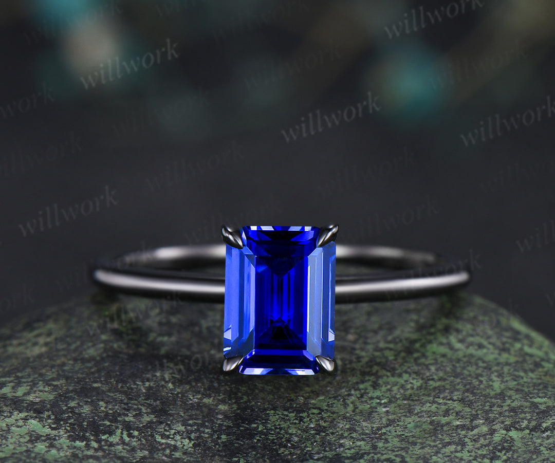 Emerald cut sapphire engagement ring set solitaire black gold ring minimalist band bridal set September birthstone jewelry