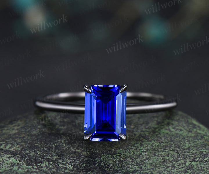 Emerald cut sapphire engagement ring set solitaire black gold ring minimalist band bridal set September birthstone jewelry