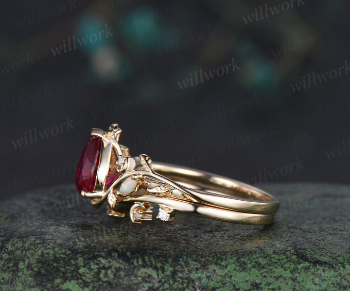 Pear cut ruby ring set art deco moon leaf opal moissanite ring matching leaf wedding band nature inspired bridal jewelry
