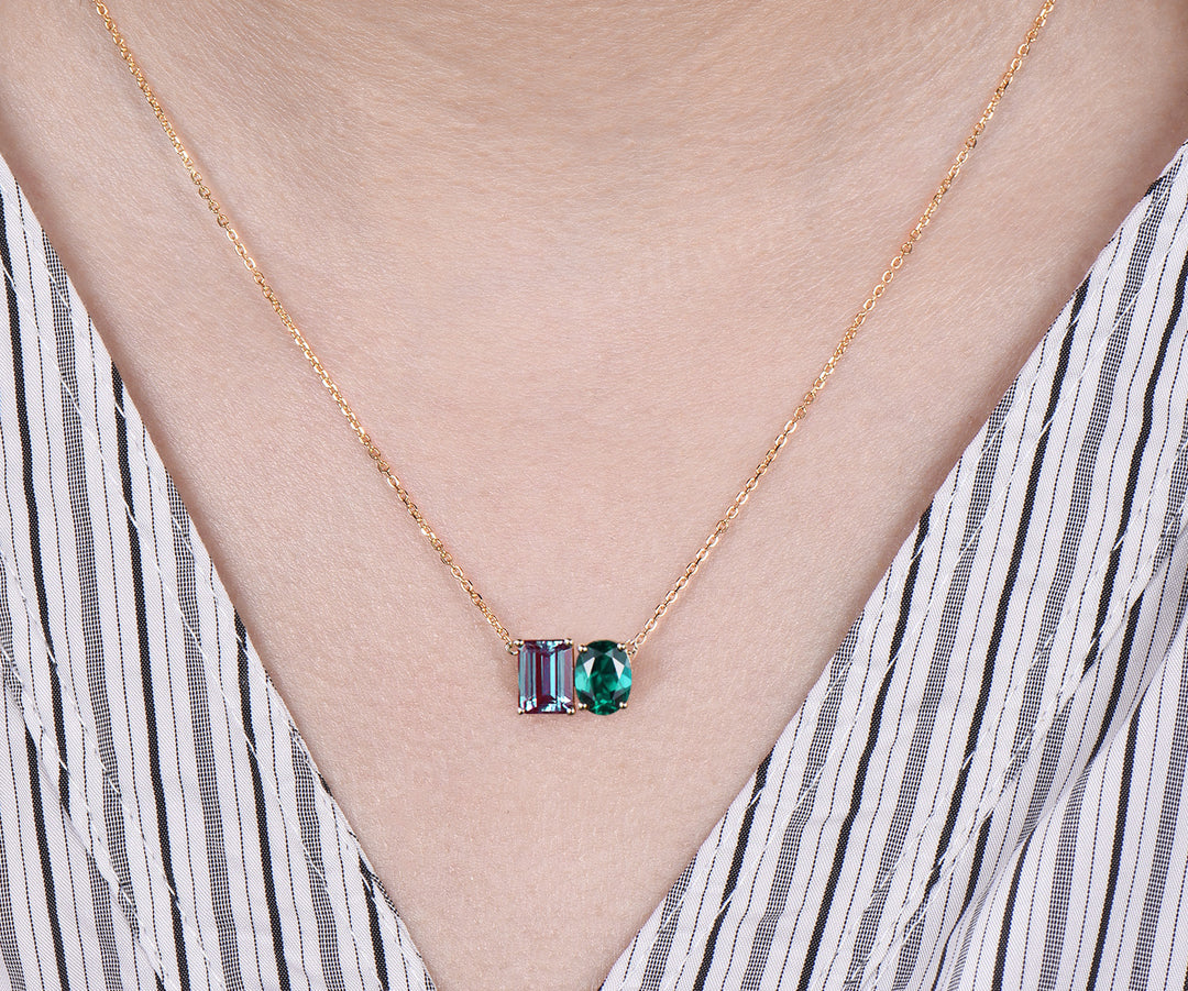 Emerald cut alexandrite oval emerald pendant necklace minimalist two stones Toi et Moi pendant couple birthstone necklace