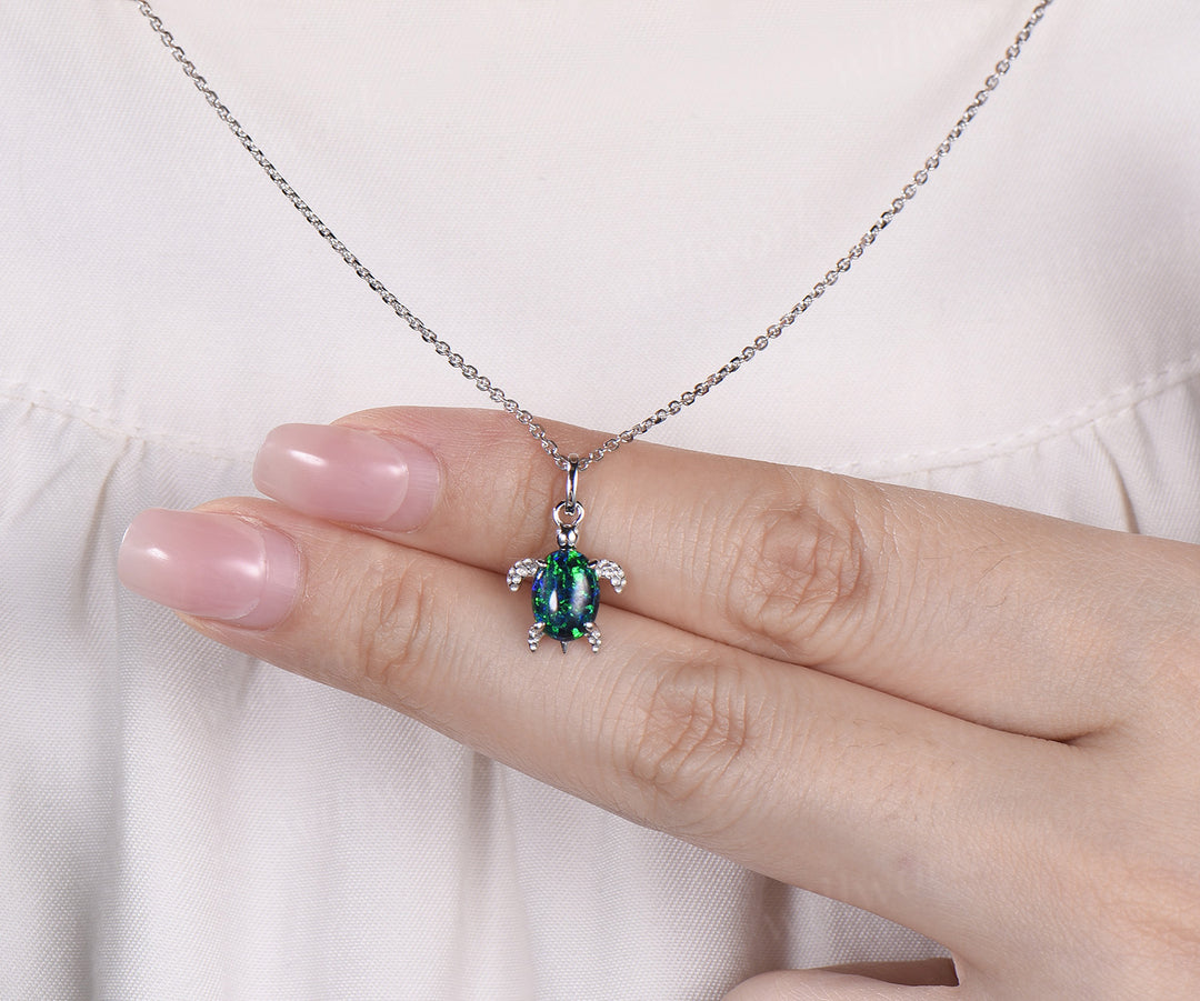 Oval Black Opal Turtle Necklace Cute Sea Turtle Pendant Jewelry Lovely Gift For Her