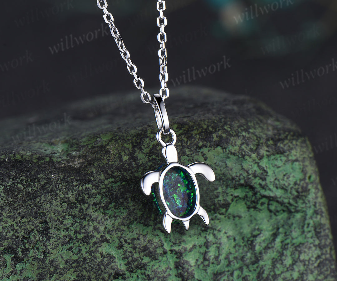 Oval Black Opal Turtle Necklace Cute Sea Turtle Pendant Jewelry Lovely Gift For Her