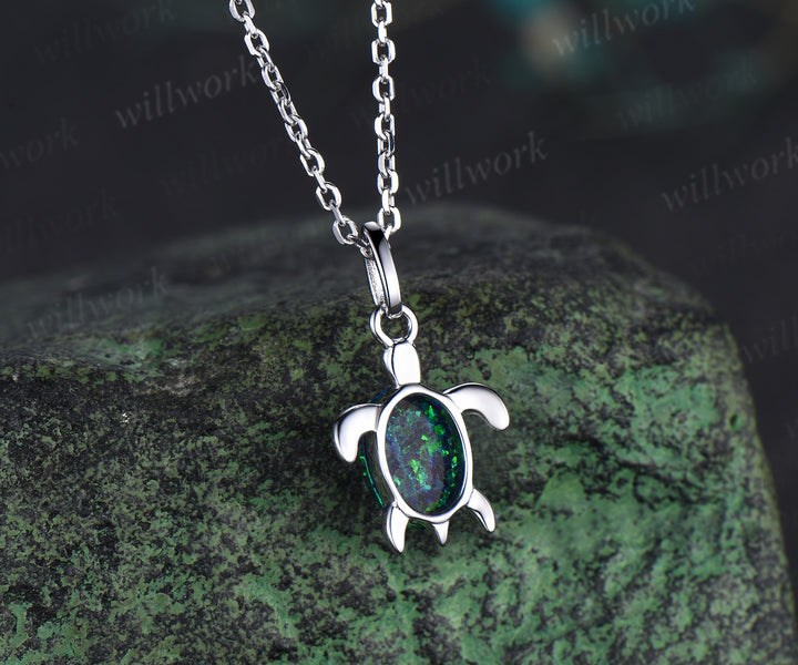 Oval Black Opal Turtle Necklace Cute Sea Turtle Pendant Jewelry Lovely Gift For Her