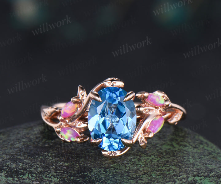 Oval Swiss blue topaz engagement ring set topaz marquise purple opals ring twig leaf emerald moissanite wedding band unique bridal set