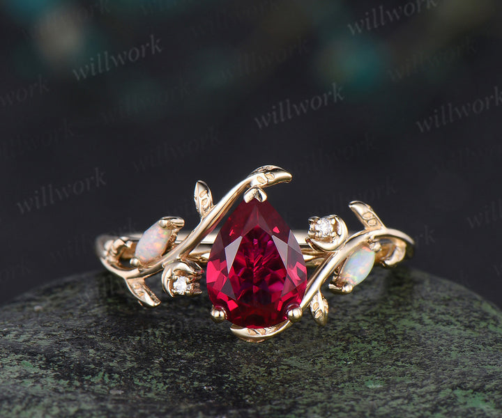 Pear cut ruby ring set art deco moon leaf opal moissanite ring matching leaf wedding band nature inspired bridal jewelry