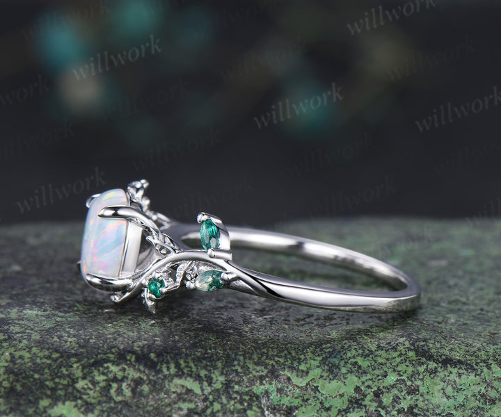 Oval white opal engagement ring retro emreald moss agate leaf branch ring nature inspired bridal ring gifts for women