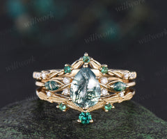 Nature inspired pear moss agate ring set marquise moss agate seven stone ring art deco emerald moissanites wedding band unique bridal set