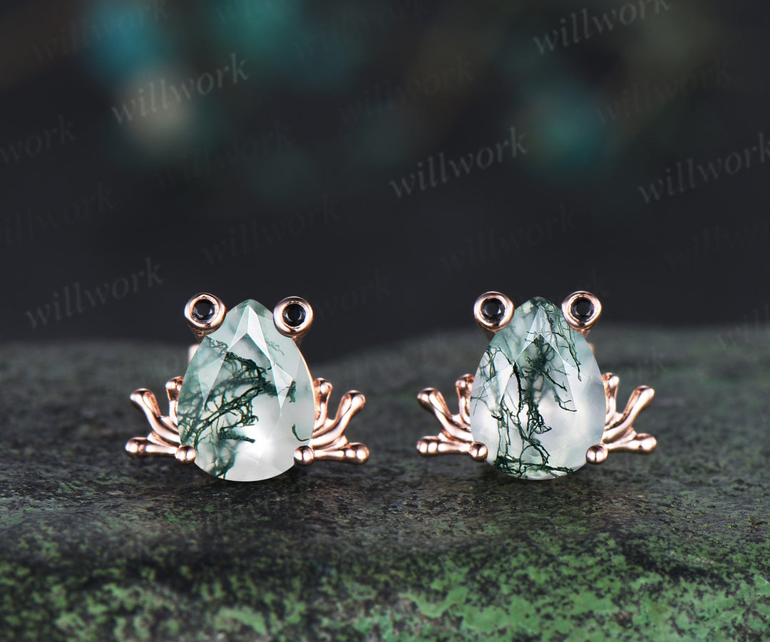 Frog stud earrings pear moss agate black spinels rose gold nature animal jewelry gift
