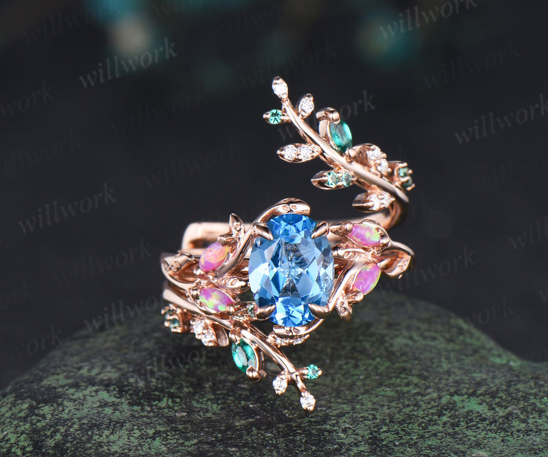 Oval Swiss blue topaz engagement ring set topaz marquise purple opals ring twig leaf emerald moissanite wedding band unique bridal set