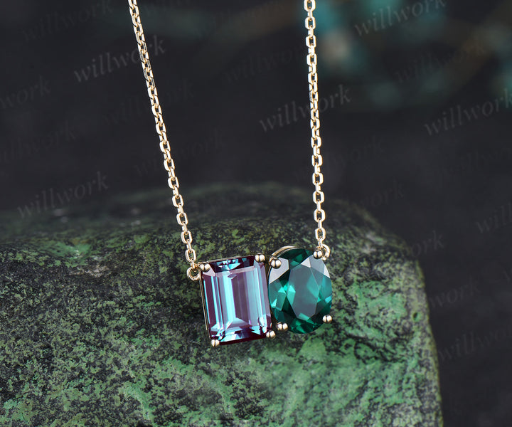 Emerald cut alexandrite oval emerald pendant necklace minimalist two stones Toi et Moi pendant couple birthstone necklace