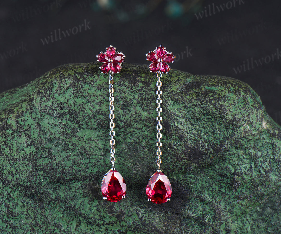 Pear shape ruby threader earrings flower drop earrings July birthstone gifts wedding anniversary earrings