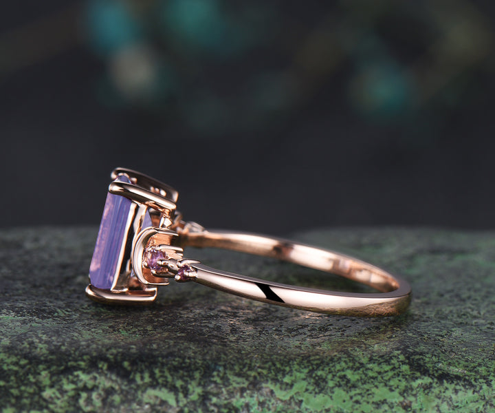 Emerald cut lavender amethyst engagement ring ring five stone moon amethyst ring 14k rose gold wedding anniversary gifts
