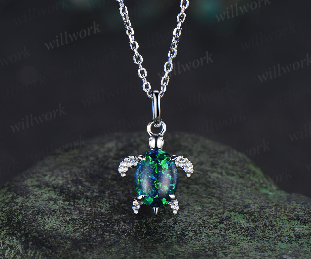 Oval Black Opal Turtle Necklace Cute Sea Turtle Pendant Jewelry Lovely Gift For Her