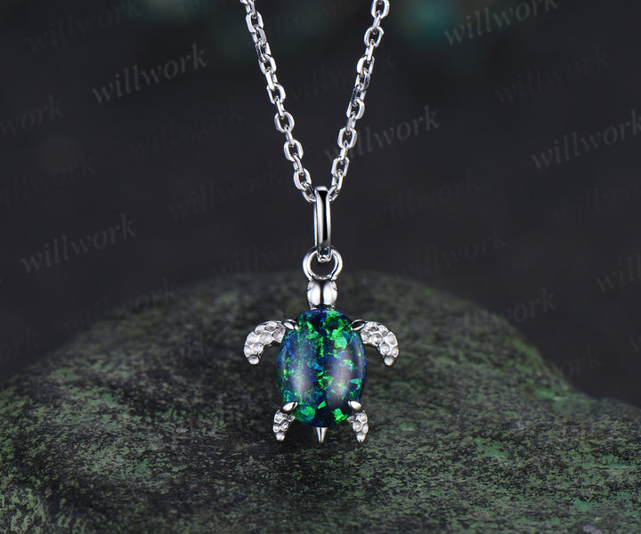 Oval Black Opal Turtle Necklace Cute Sea Turtle Pendant Jewelry Lovely Gift For Her