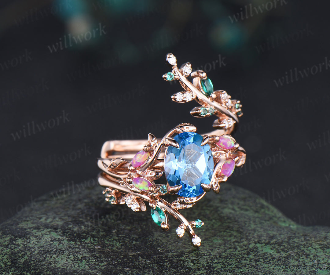 Oval Swiss blue topaz engagement ring set topaz marquise purple opals ring twig leaf emerald moissanite wedding band unique bridal set