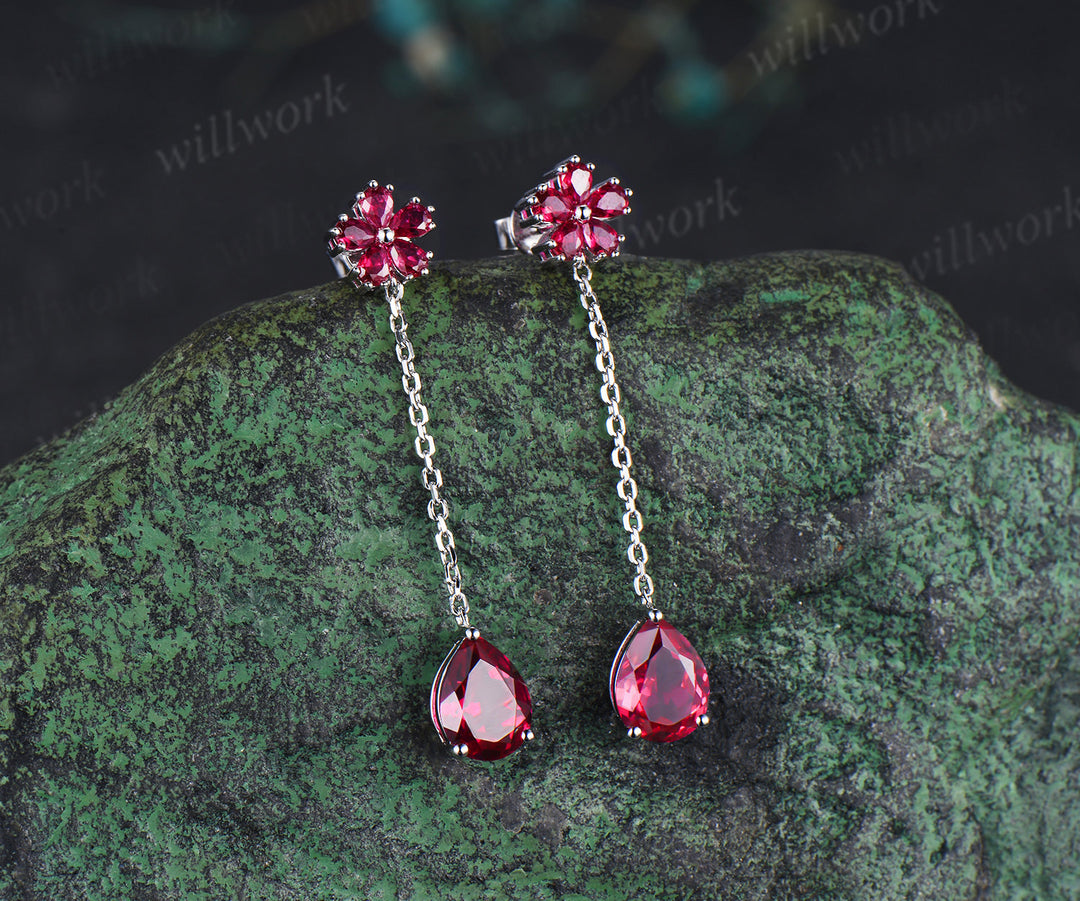 Pear shape ruby threader earrings flower drop earrings July birthstone gifts wedding anniversary earrings