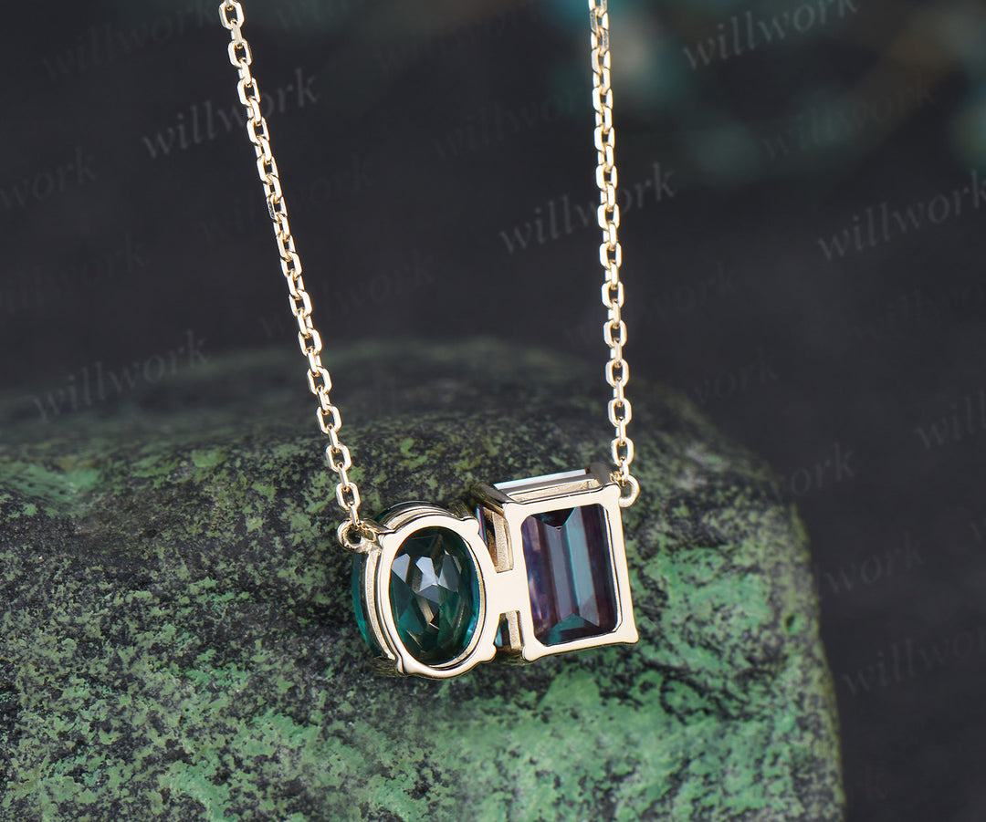 Emerald cut alexandrite oval emerald pendant necklace minimalist two stones Toi et Moi pendant couple birthstone necklace