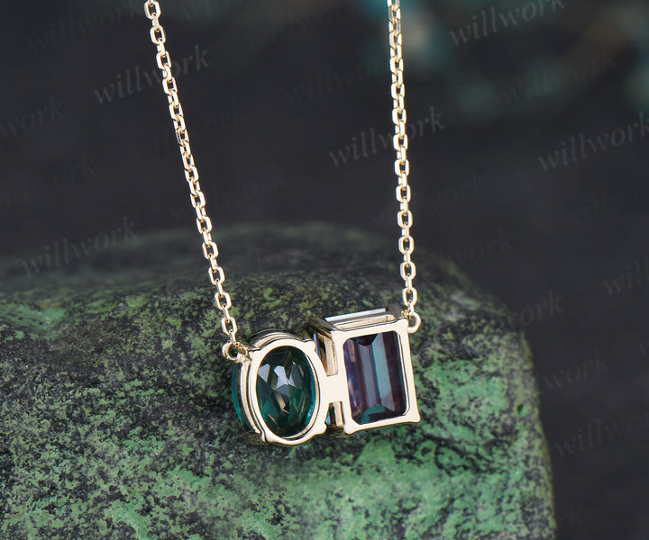 Emerald cut alexandrite oval emerald pendant necklace minimalist two stones Toi et Moi pendant couple birthstone necklace