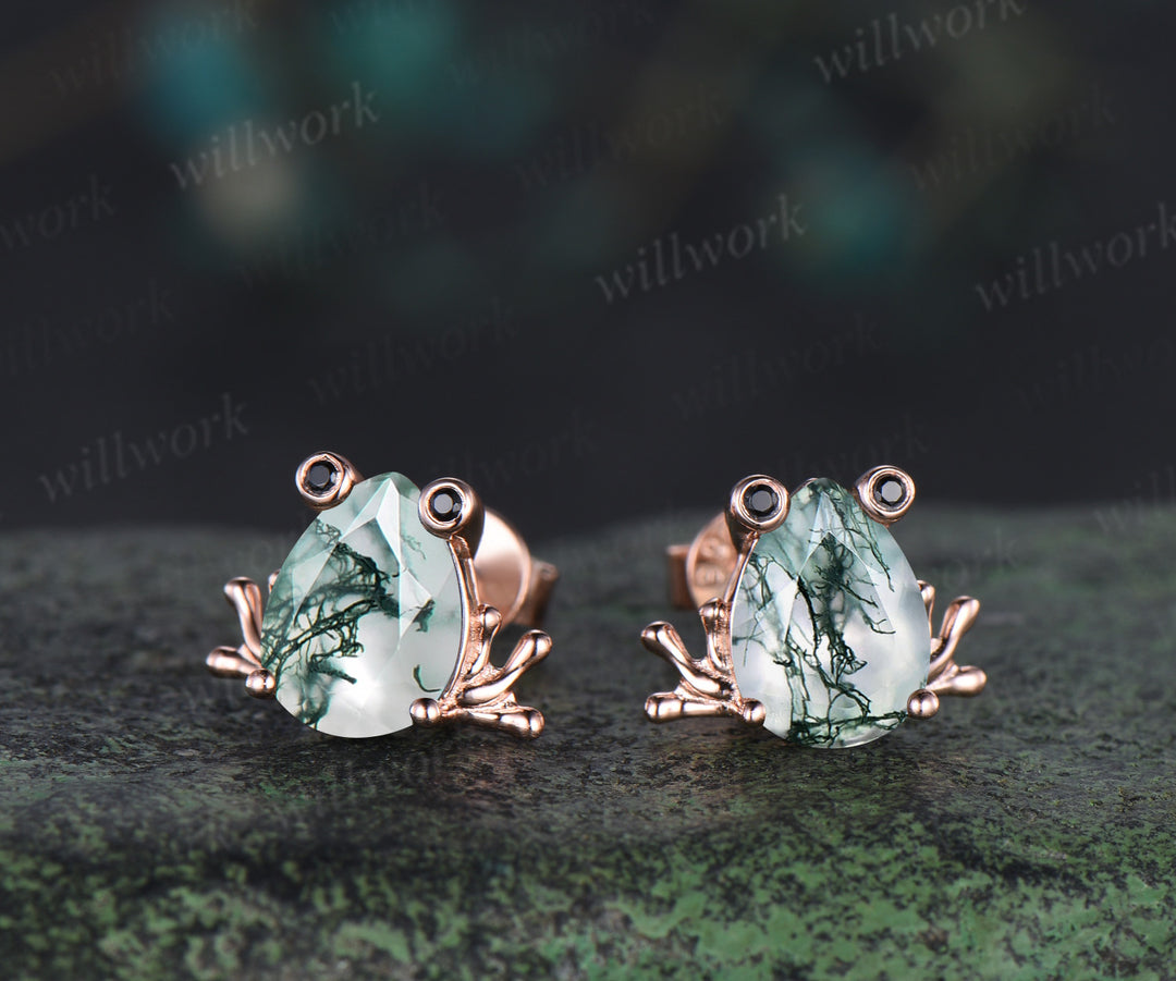 Frog stud earrings pear moss agate black spinels rose gold nature animal jewelry gift