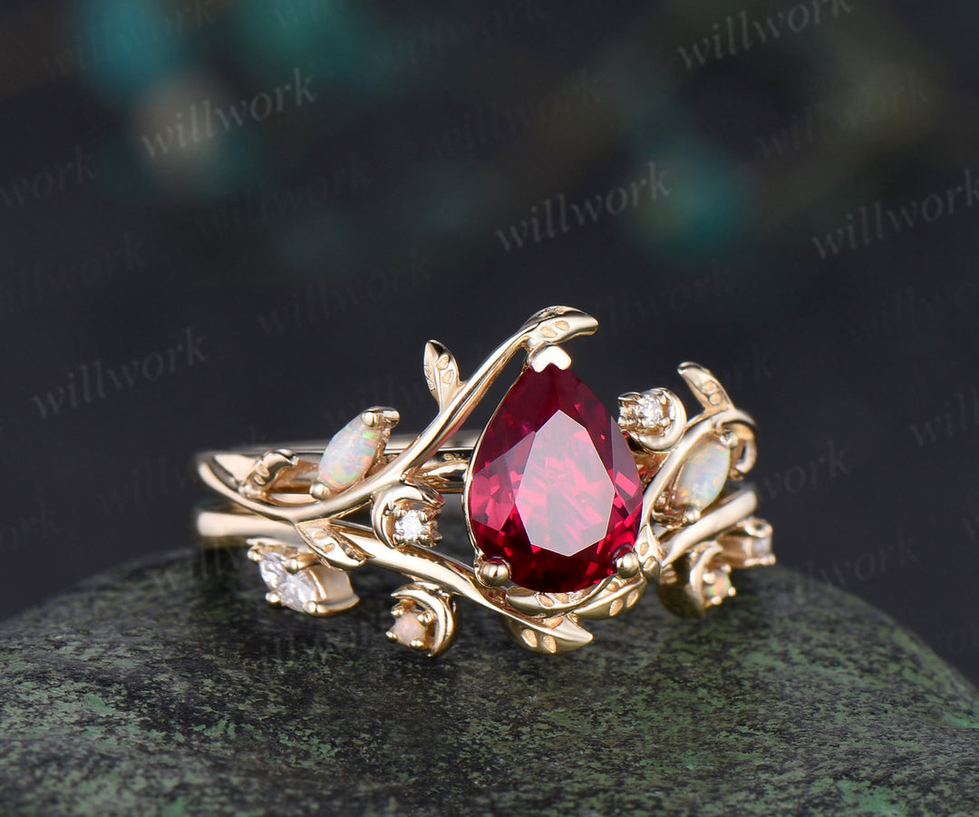 Pear cut ruby ring set art deco moon leaf opal moissanite ring matching leaf wedding band nature inspired bridal jewelry