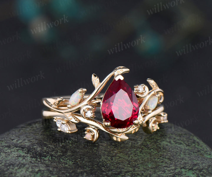 Pear cut ruby ring set art deco moon leaf opal moissanite ring matching leaf wedding band nature inspired bridal jewelry