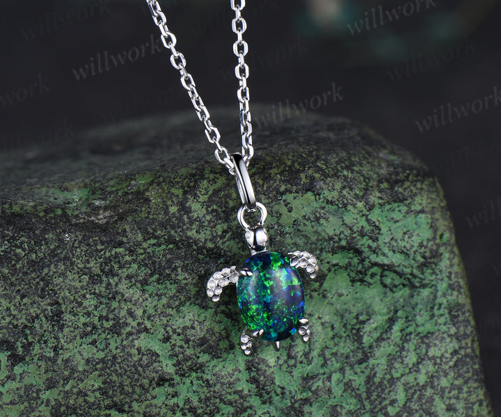 Oval Black Opal Turtle Necklace Cute Sea Turtle Pendant Jewelry Lovely Gift For Her
