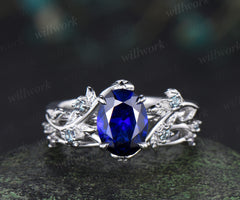 Art Deco Oval Sapphire Engagement Ring Sest Leaf Twig Branch Ring Alexandrite Split Shank Wedding Band Unique 2pc Nature Inspired Bridal Set