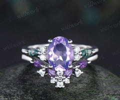 Oval cut lavender amethyst ring set moss agate moissanite engagement ring marquise amethyst wedding band unique bridal set