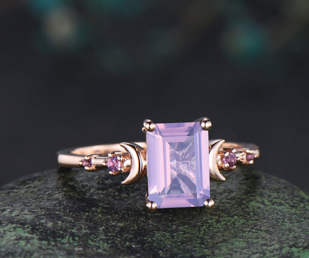 Emerald cut lavender amethyst engagement ring ring five stone moon amethyst ring 14k rose gold wedding anniversary gifts