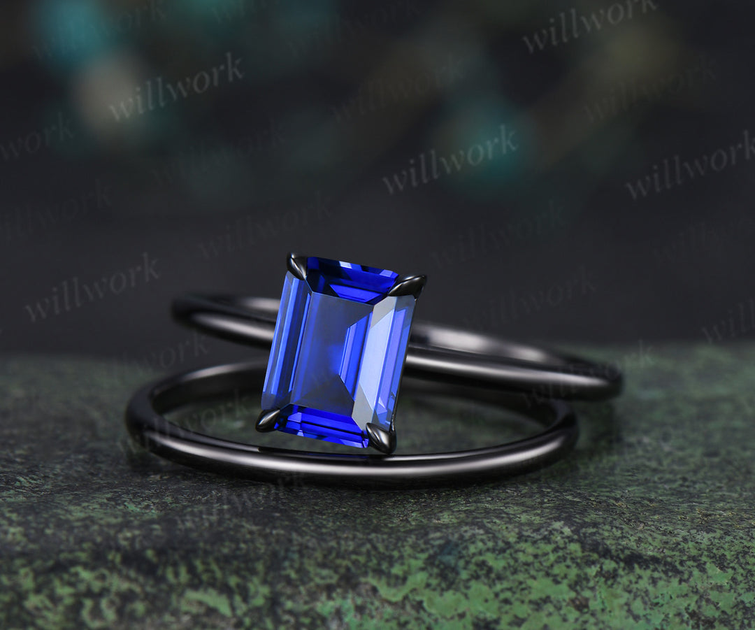 Emerald cut sapphire engagement ring set solitaire black gold ring minimalist band bridal set September birthstone jewelry