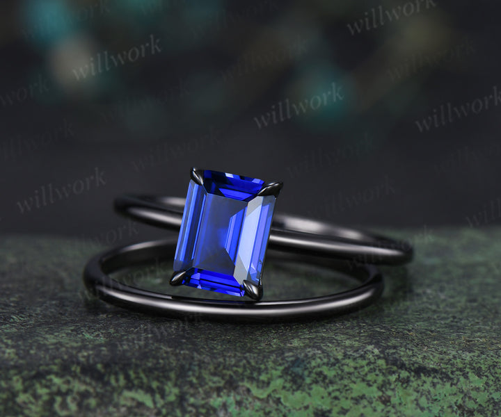 Emerald cut sapphire engagement ring set solitaire black gold ring minimalist band bridal set September birthstone jewelry