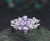 Vintage oval cut Lavender Amethyst engagement ring set amethyst leaf ring curved marquise purple crystal band unique bridal set