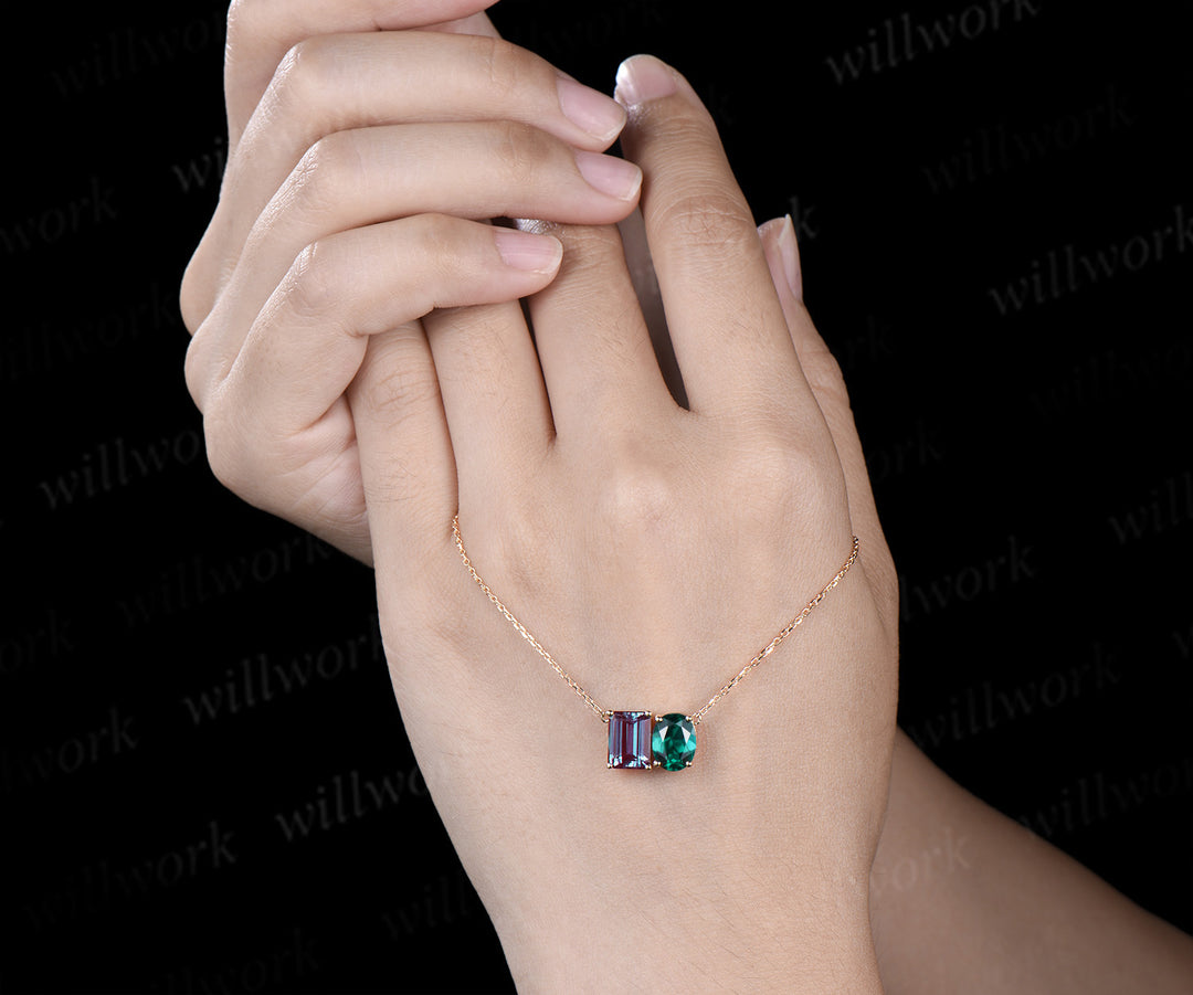 Emerald cut alexandrite oval emerald pendant necklace minimalist two stones Toi et Moi pendant couple birthstone necklace