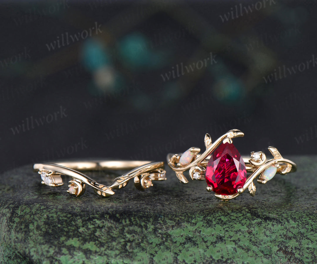 Pear cut ruby ring set art deco moon leaf opal moissanite ring matching leaf wedding band nature inspired bridal jewelry