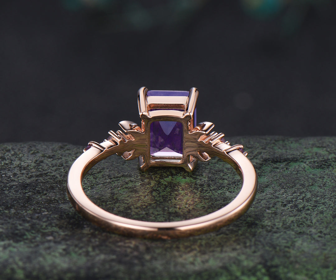 Emerald cut lavender amethyst engagement ring ring five stone moon amethyst ring 14k rose gold wedding anniversary gifts