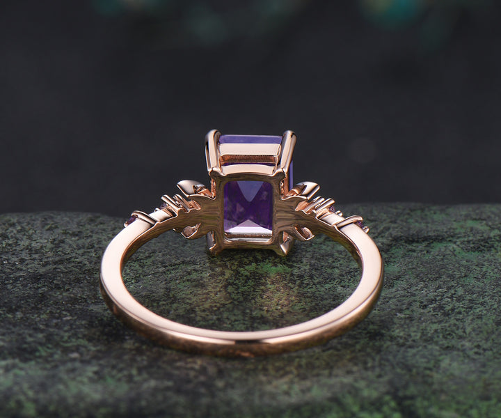 Emerald cut lavender amethyst engagement ring ring five stone moon amethyst ring 14k rose gold wedding anniversary gifts