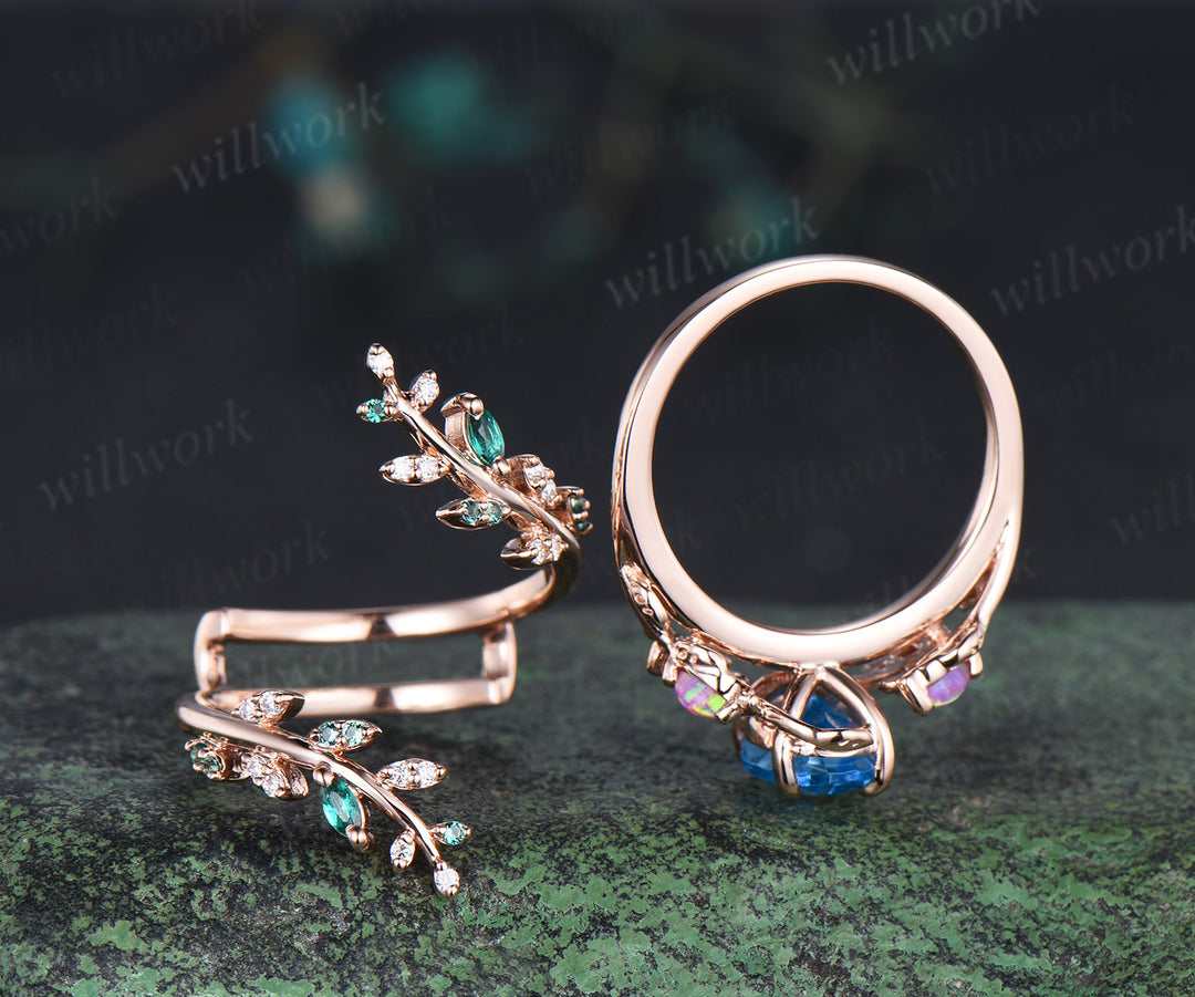 Oval Swiss blue topaz engagement ring set topaz marquise purple opals ring twig leaf emerald moissanite wedding band unique bridal set
