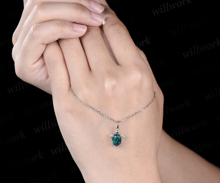Oval Black Opal Turtle Necklace Cute Sea Turtle Pendant Jewelry Lovely Gift For Her
