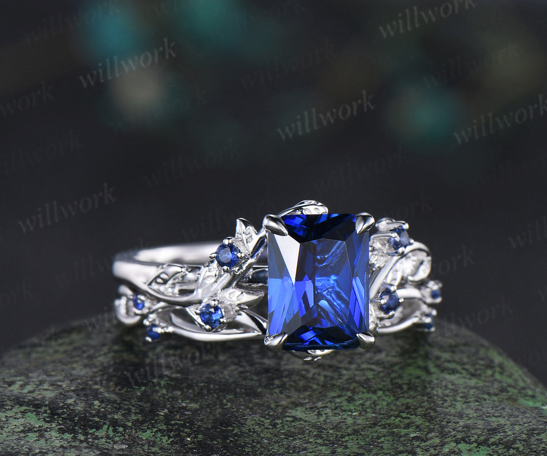 Vintage Radiant cut sapphire engagement ring twig leaf nature inspired sapphire ring art deco matching band unique bridal set