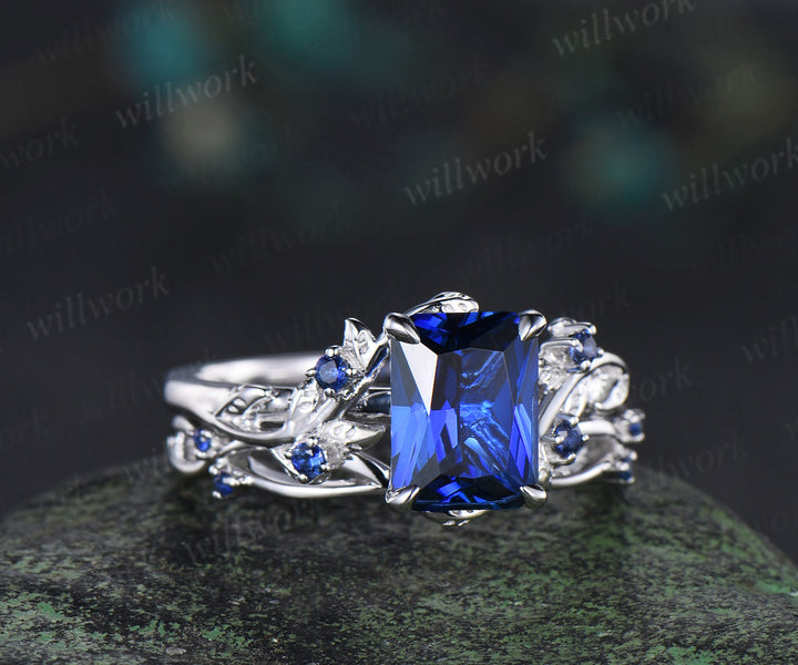 Vintage Radiant cut sapphire engagement ring twig leaf nature inspired sapphire ring art deco matching band unique bridal set