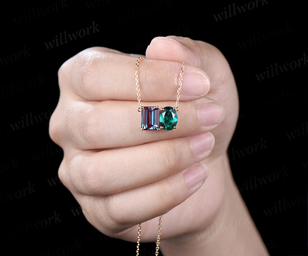 Emerald cut alexandrite oval emerald pendant necklace minimalist two stones Toi et Moi pendant couple birthstone necklace