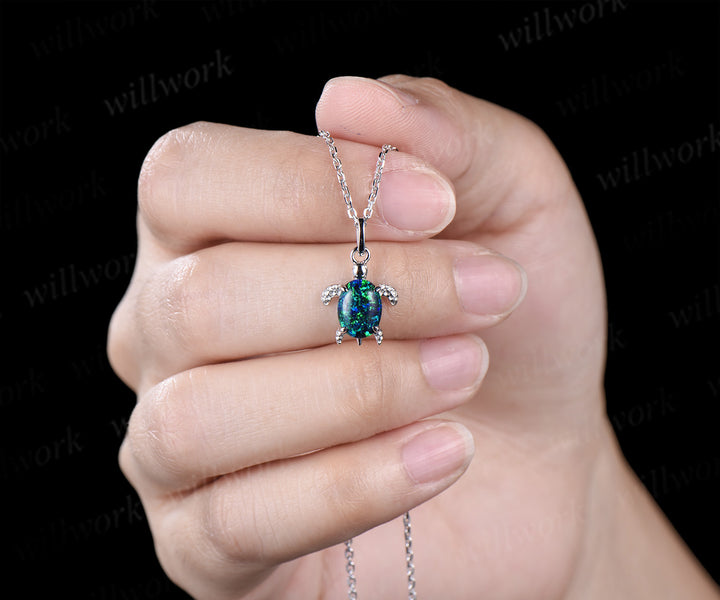 Oval Black Opal Turtle Necklace Cute Sea Turtle Pendant Jewelry Lovely Gift For Her