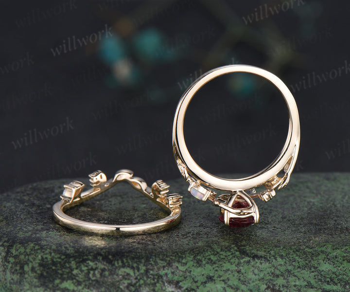 Pear cut ruby ring set art deco moon leaf opal moissanite ring matching leaf wedding band nature inspired bridal jewelry